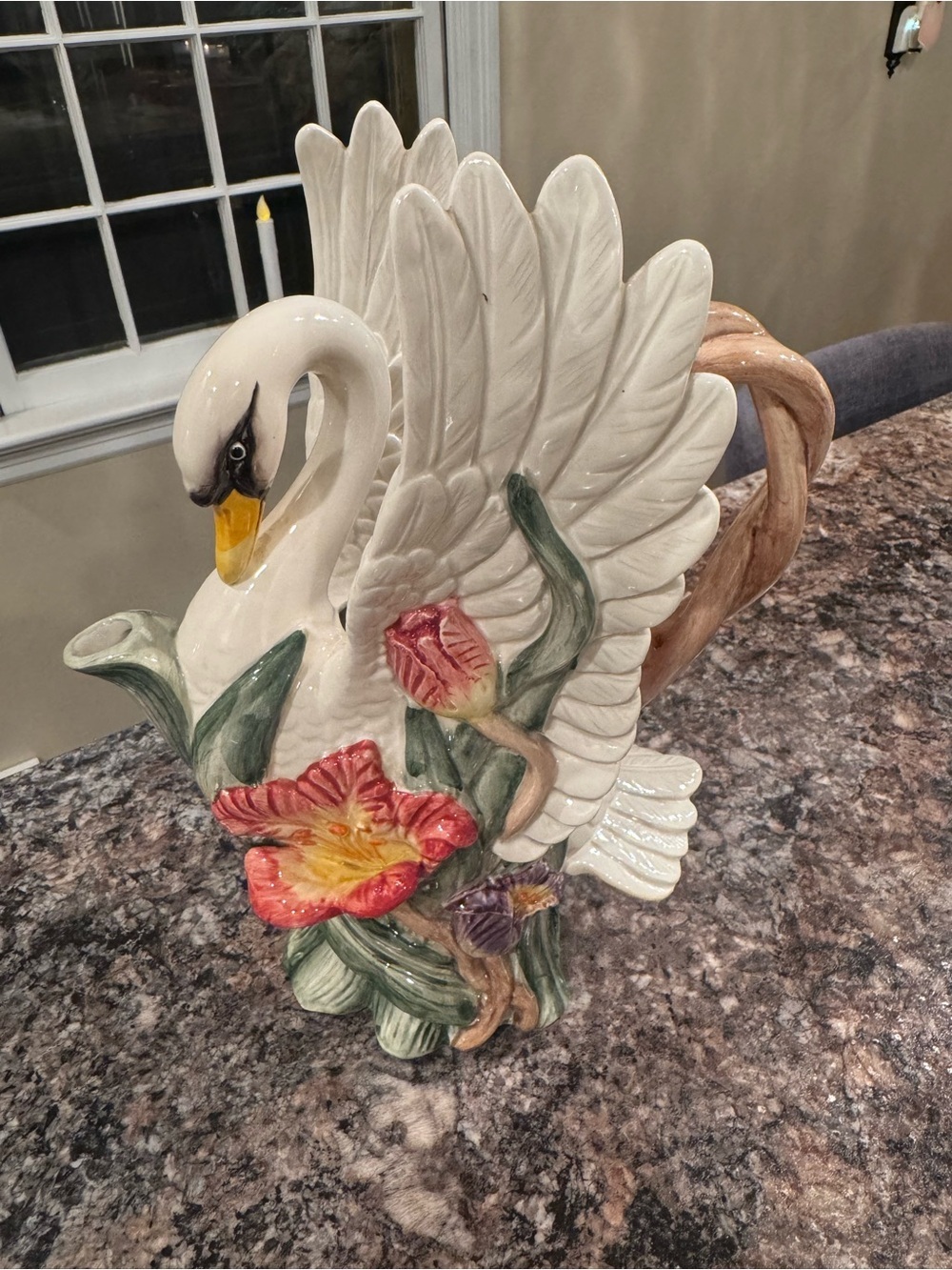 Fitz and Floyd 1995 White Swan Ceramic Pitcher with Multicolor Floral Accents